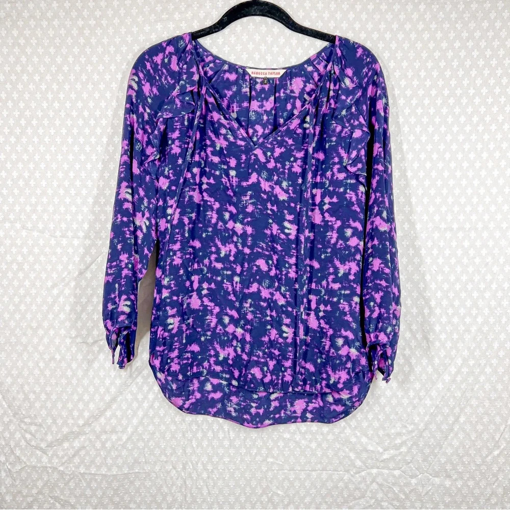 Rebecca Taylor Purple Blue Silk Ruffle Long Sleeve Top